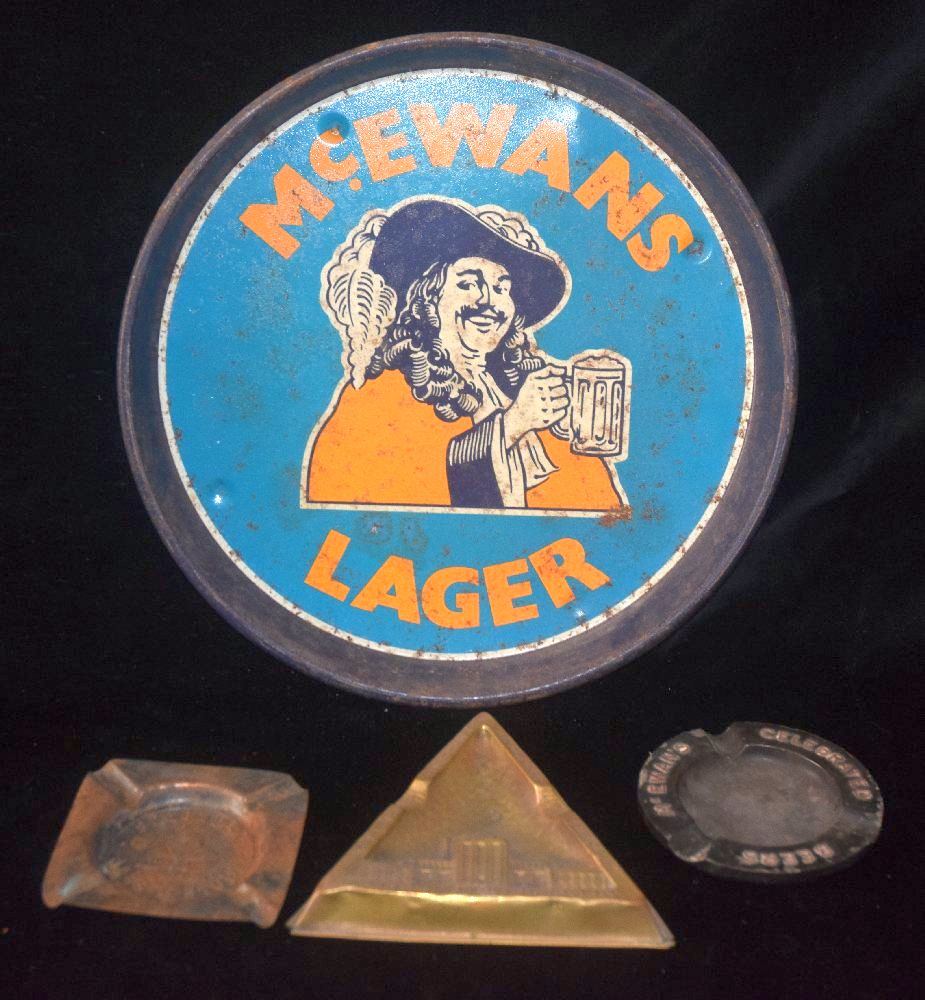 3, Advertising ashtrays: Malta Export Brewery, Simond's & Mc Ewan's, and Mc EWANS round tray