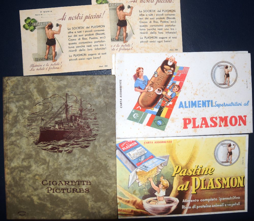 Cigarette Pictures - Blank Album and 8 old Plasmon advertising cards