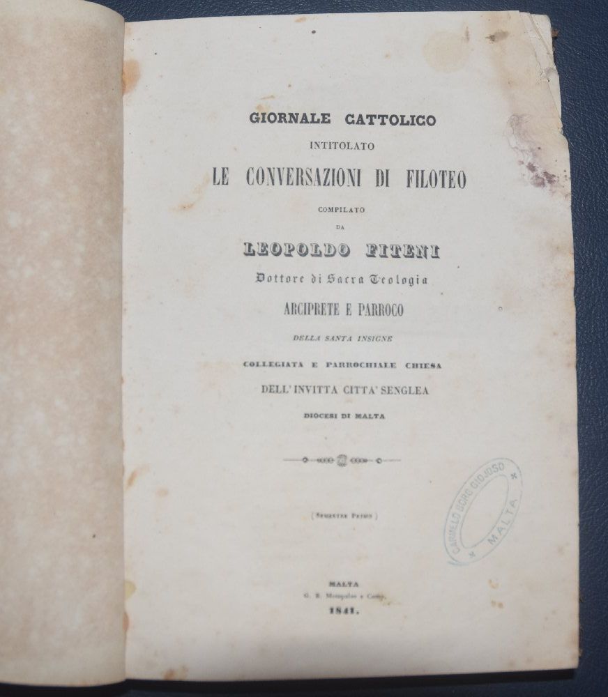 Fiteni Leopoldo, Giornale Cattolico - Malta 1841