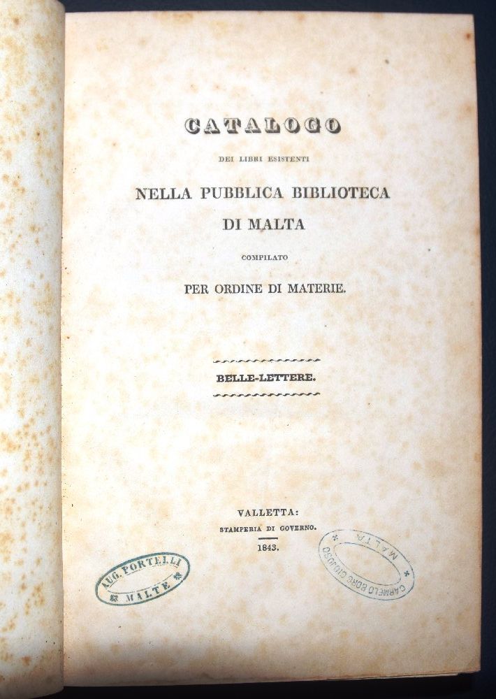 Vassallo, Catalogo dei libri esistenti nella Pubblica Biblioteca di Malta -1843