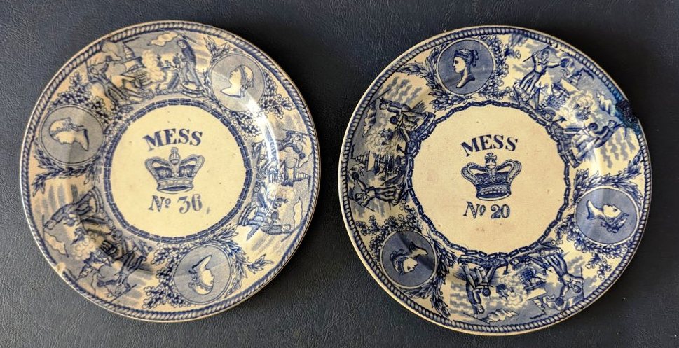 19th C. Blue & white transfer printed MESS plate 20 & 36, (QV) 24cm