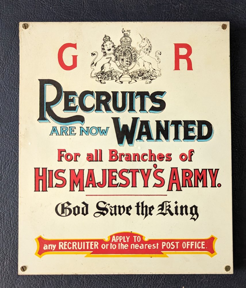 King George His Majesty's Army enamel sign: Recruits Wanted, 18 x 21cm