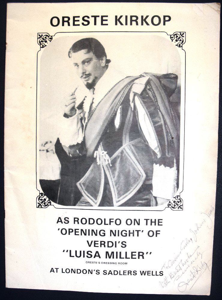 Oreste Kirkop (as Rodolfo) autographed brochure for the opening night of Verdi's Luisa Miller, Londo