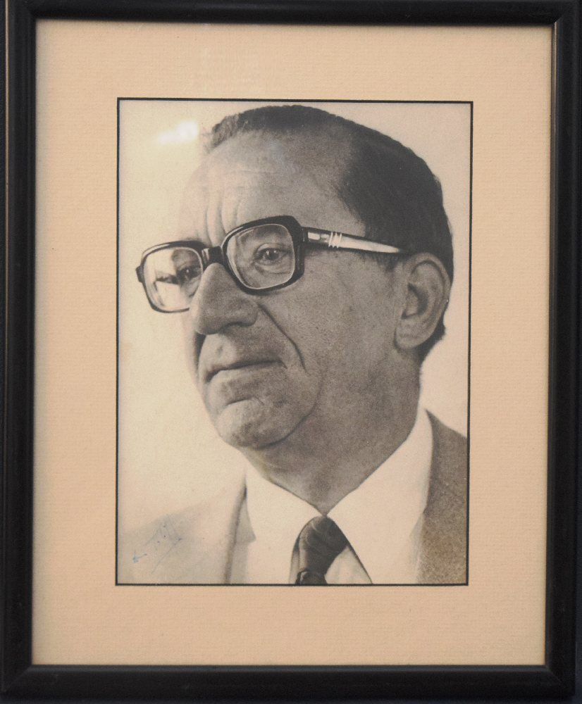 Dom Mintoff, signed B&W photo, framed