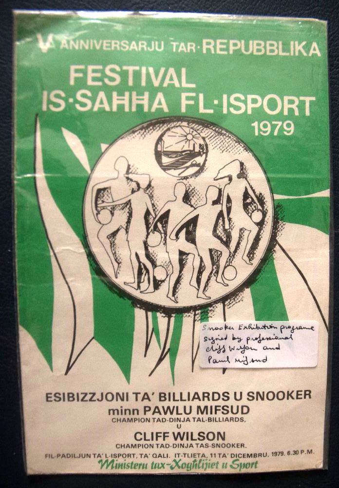 Paul Mifsud and Cliff Wilson autographs on 1979 Republic of Malta commemorative Snooker and Billiard