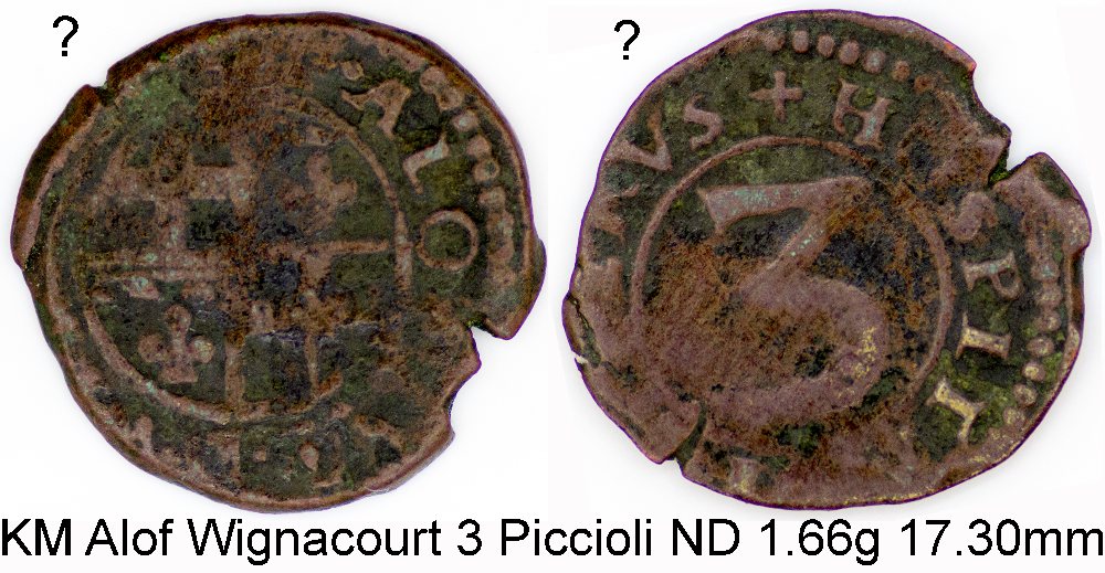 Alof de Wignacourt copper 3 Piccioli - 11-3P - No Date