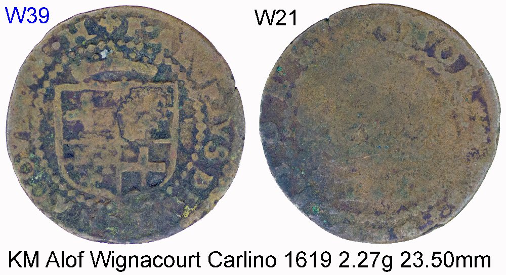 Alof de Wignacourt copper Carlino - 11-10G-39X21 - 1619     NEW VARIETY