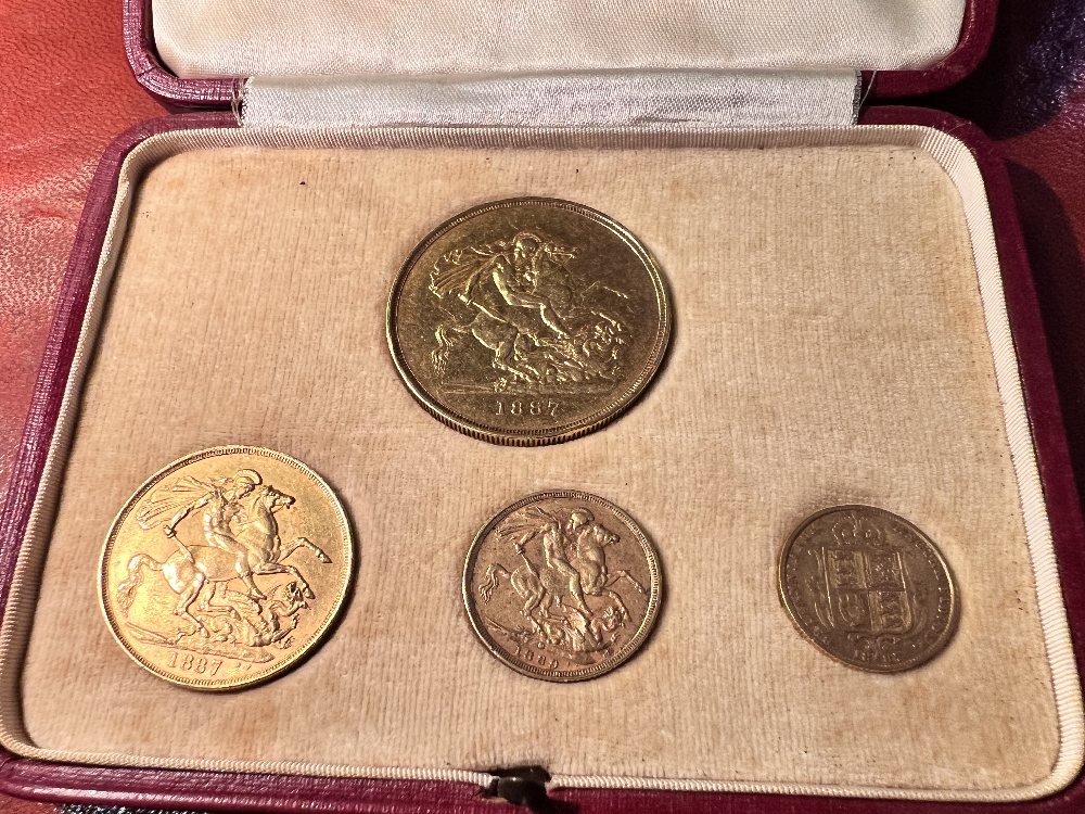 UK gold coins (4) - Sovereign partial set: 1887 £5, 1887 £2, 1889 (M) £1, 1887 shield £0.5