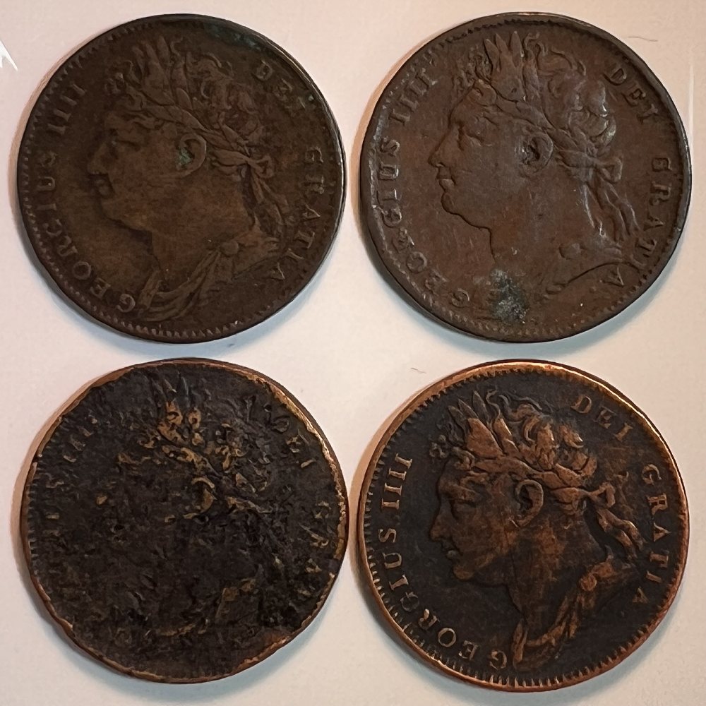 UK Copper farthings - King George IIII - 1822, 1823, 1825, 1826 (4 coins)