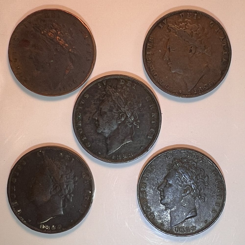 UK Copper farthings - King George IV - 1826, 1826, 1828, 1829, 1830 (5 coins)