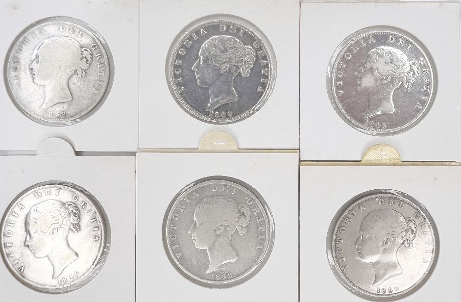 UK Sterling silver half crowns - QV - Young Head - 1842, 1844, 1845, 1846, 1849, 1850 (6 coins)