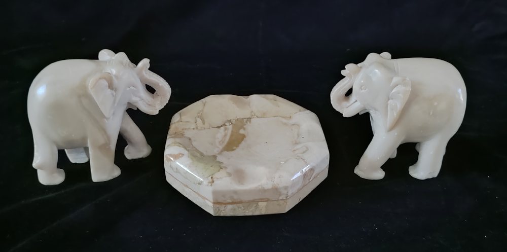 2, Hand carved alabaster elephants, and ashtray