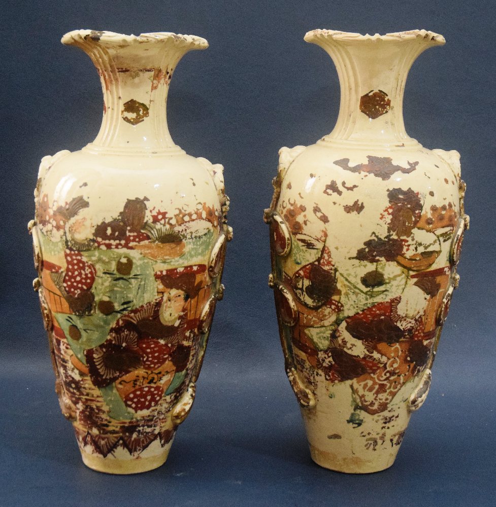 Early 20th C. Japanese Satsuma glazed earthenware vases with rope looped handles, 38cm