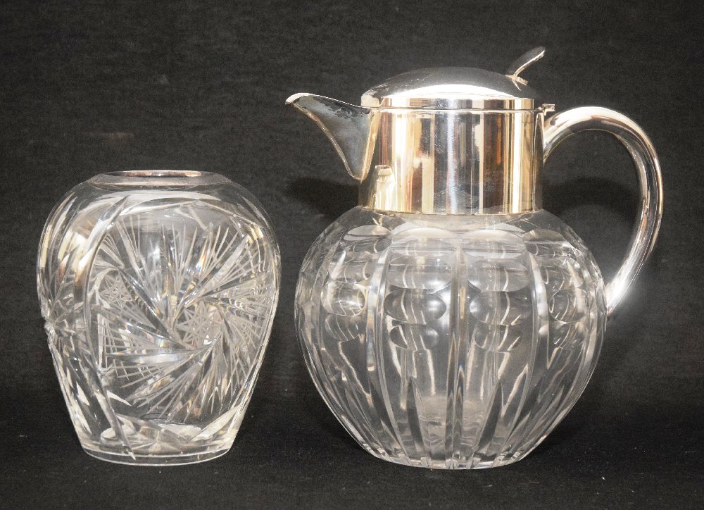 Silver plated and crystal ice water jug and crystal vase with silver rim