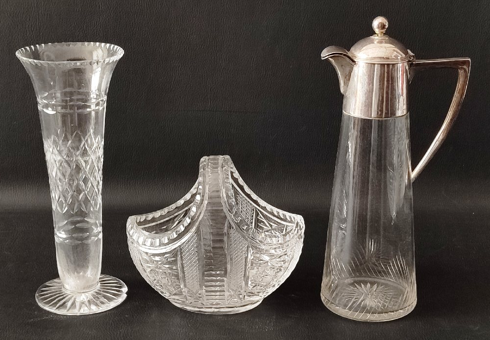 Lead cut crystal vase, basket and claret jug
