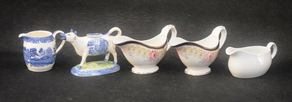 2, Edwardian china sauce boats, cow creamer, blue & white jug and sauce boat