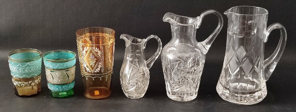 Cut crystal jug shaped vase, water jug, jug and 3 gilted tumblers