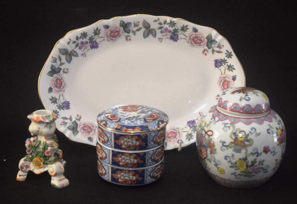Porcelain serving dish; Cantonese ginger jar; triple trinket box and candle holder