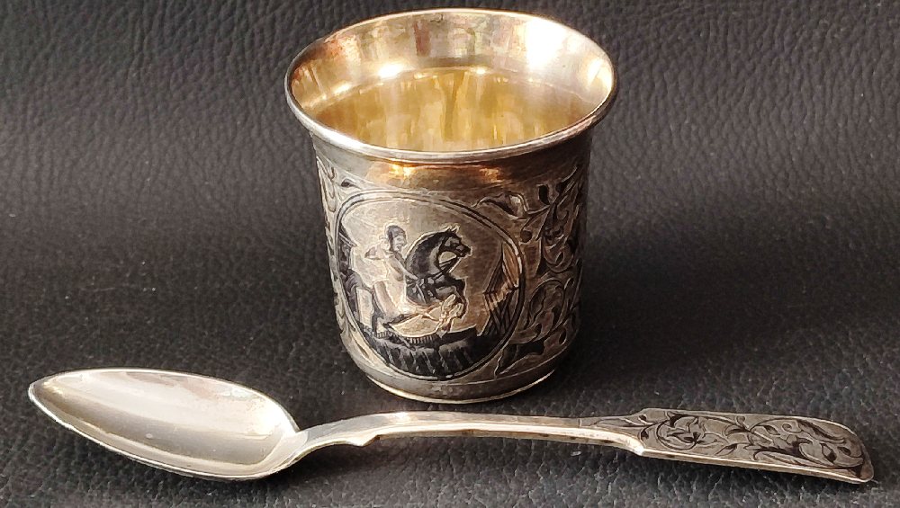Mid 19th C. Russian silver gilt niello beaker and teaspoon