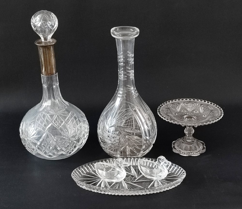 2, Crystal decanters one with silver neck and stopper, 2 small ducks, oval dish and pressed glass co