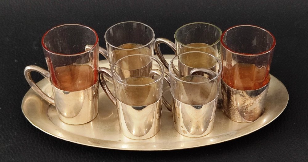 6, Silver 800 small shot glasses with glass liners (4&2) and and oval tray