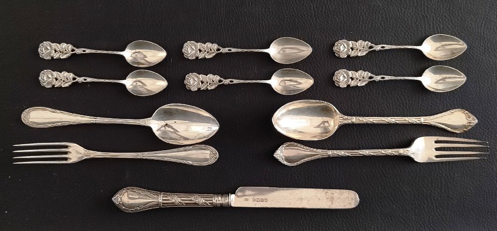 2, Silver dessert fork and spoon sets, silver handled knife and 6 rose terminal coffee spoons