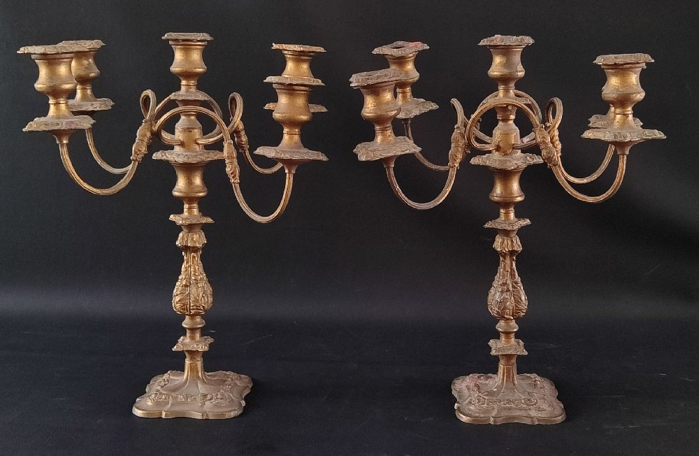 Early 20th C. pair gilted (on silver plate) 5-branch candelabra