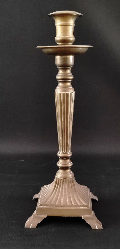 20th C. brass column candlestick with fluted square base, 37cm