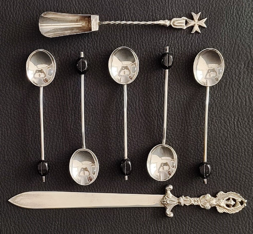 5, English silver coffee spoons, with bead terminal; Sterling silver paper knife and Maltese silver 