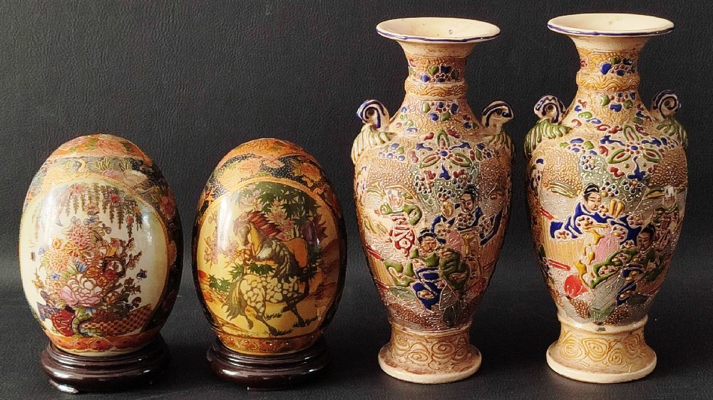 Asian type pair china vases and pair Satsuma type eggs on ebonised stands