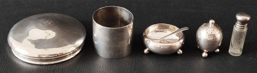 English silver box lid round, napkin ring, salt, acorn shape pepper castor and perfume bottle
