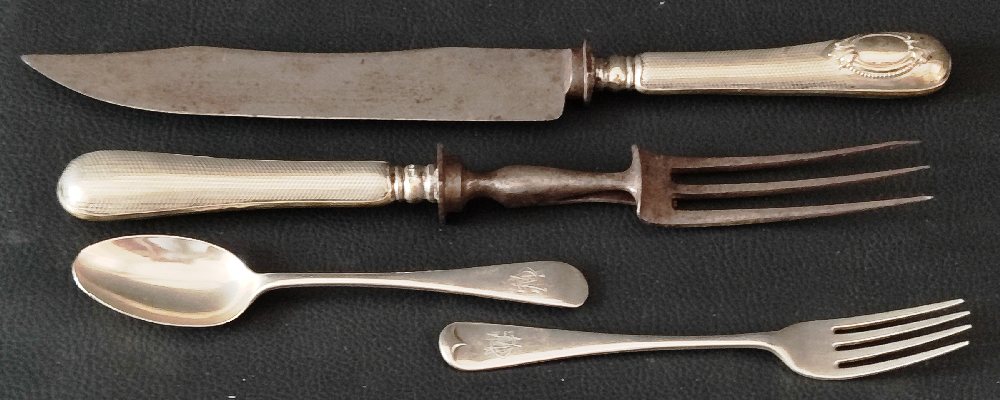 Silver handled carving knife and fork, and English silver child's fork and spoon