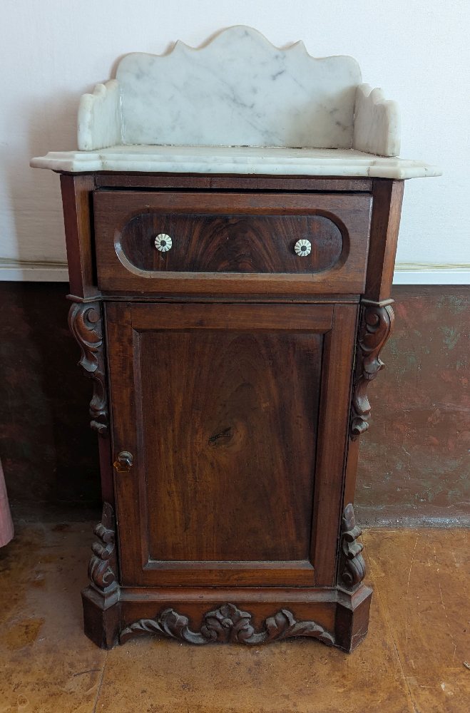 19th C. Maltese mahogany bed side commode with carvings and marble top, 57cm