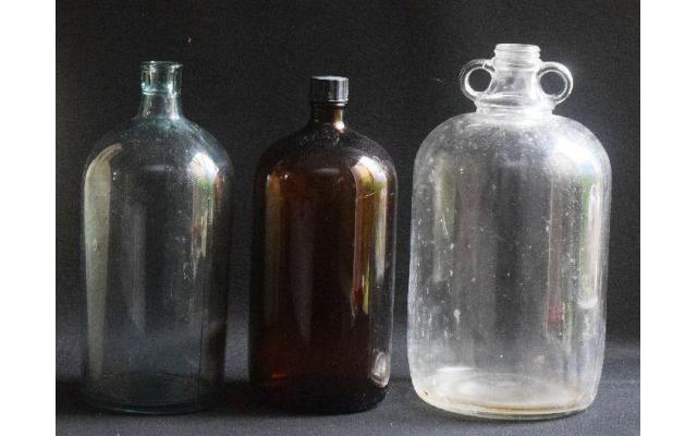 3 Old glass storage bottles