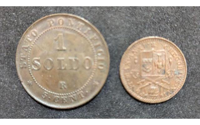 2, Vatican city copper coins; Gregory XVI 1841 Quatrino & Pius IX 1866 Soldo