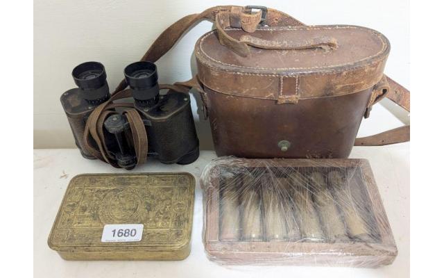 British Army Christmas 1914 brass tobacco box Carl Zeiss binoculars, and 6 brass cartridge shells