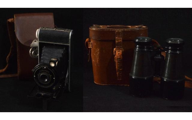 CORONET photo camera in leather case and Binoculars with original leather case, ca 1940